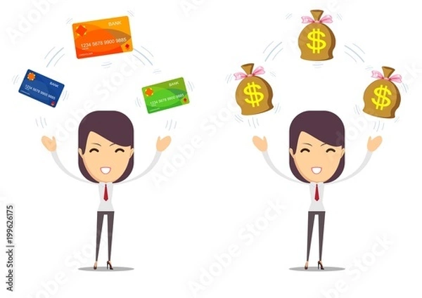 Obraz Woman with a credit card and cash on her hand. Stock flat vector illustration.