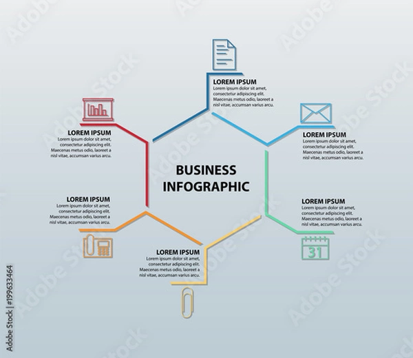 Fototapeta Business Infographic Featuring Six Icons (Document, Envelope, Calendar, Paper Clip, Telephone, and Chart) With Corresponding Information Sections