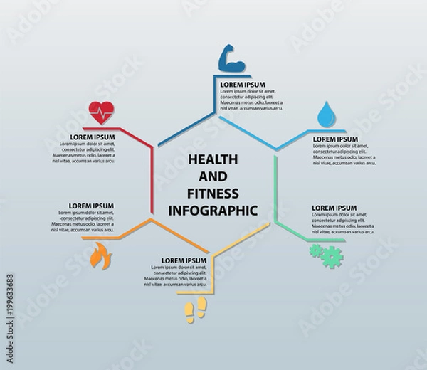 Fototapeta Fitness And Health Infographic Featuring Six Icons (Bicep, Blood Drop, Gears, Shoe Prints, Flame, and Heart Rate) With Corresponding Information Sections