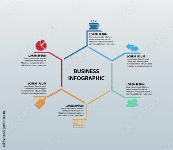 Fototapeta Business And Networking Infographic Featuring Six Icons (Coffee Cup, Exchange Arrows, Partnership, Web Page, SEO Tag, and Pie Chart) With Corresponding Information Sections