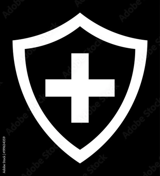 Fototapeta White Immune System (Cross In A Shield) Icon With Transparent Center On Black Background