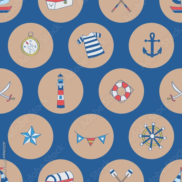 Obraz Polka dots nautical elements, boat, compass, chest, anchor, shipwheel. A playful, modern, and flexible pattern for brand who has cute and fun style. Repeated pattern. Happy, bright, and nautical mood.