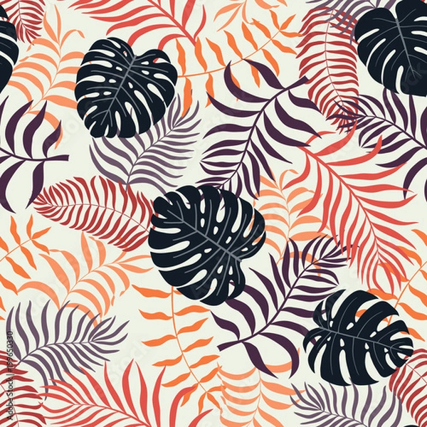 Fototapeta Tropical background with palm leaves. Seamless floral pattern. Summer vector illustration