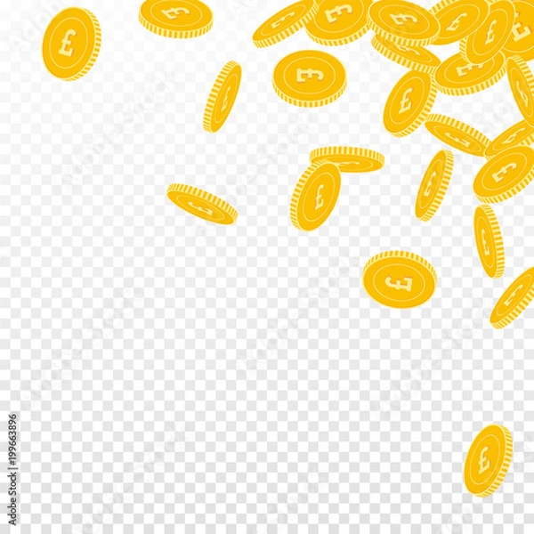 Fototapeta British pound coins falling. Scattered big GBP coins on transparent background. Elegant scattered top right corner vector illustration. Jackpot or success concept.