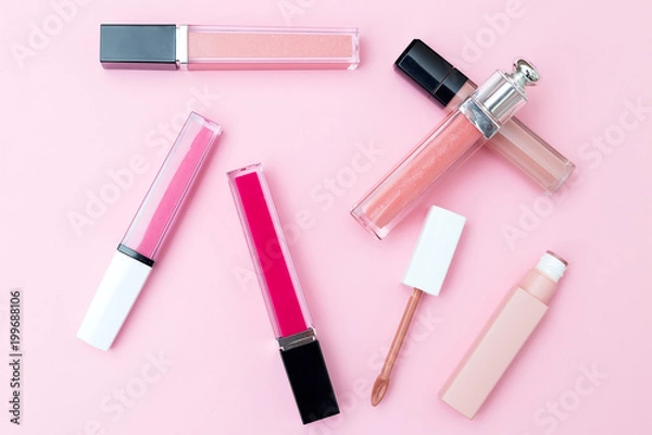 Obraz Lip gloss on a pink background. Geometric style