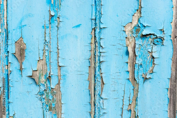 Obraz Blue paint flaking off wooden panel background
