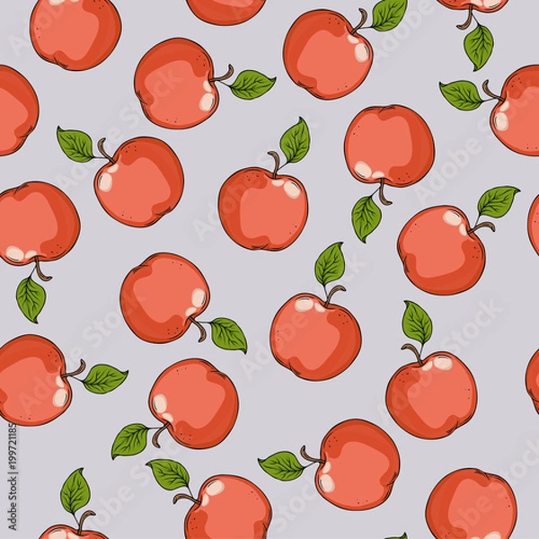 Obraz Seamless pattern with red apples on grey background. Hand drawn vector illustration.