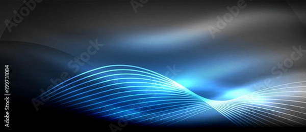 Fototapeta Glowing abstract wave on dark, shiny motion, magic space light. Techno abstract background
