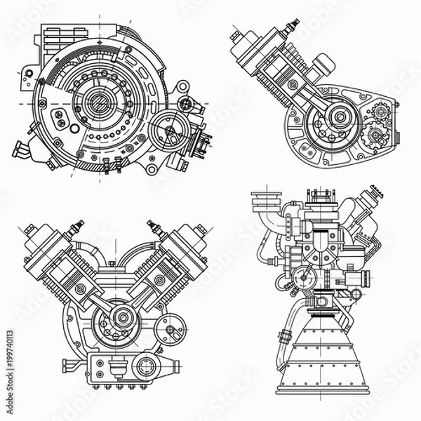 Fototapeta Set of drawings of engines - motor vehicle internal combustion engine, motorcycle, electric motor and a rocket. It can be used to illustrate ideas of science, engineering design and high-tech
