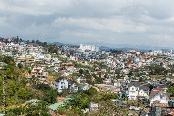 Fototapeta Dalat city, Vietnam, View of many houses from hill, The architecture of Dalat, Cityscape