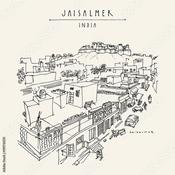 Fototapeta Przegląd Jaisalmer, Radżastan, Indie. Ulica miejska i fort. Miejsce dziedzictwa UNESCO. Archiwalne ręcznie rysowane pocztówki turystyczne