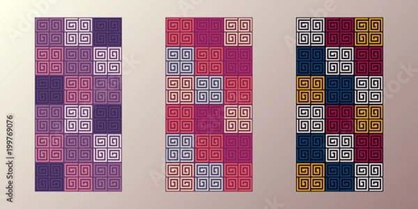 Fototapeta 3 seamless patterns with meander tiles. Vector retro design for cards, invitations, flyers. Colorful backgrounds. Random colored greek ornaments.