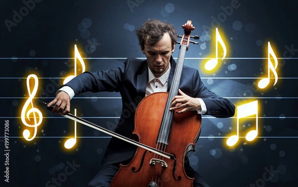 Fototapeta Young handsome cellist playing with music sheet background