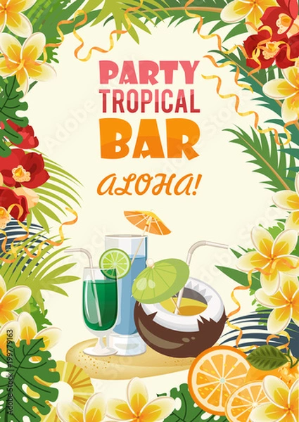 Obraz Hawaii vector travel illustration with colorful background. Summer template. Beach resort. Sunny vacations. Tiki bar