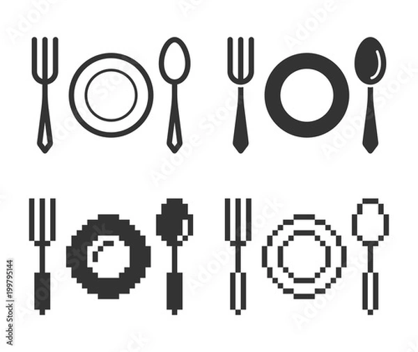 Obraz Monochromatic tableware icon in different variants: line, solid, pixel, etc.