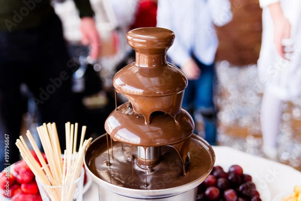 Fototapeta Vibrant Picture of Chocolate Fountain Fontain on childen kids birthday party with a kids playing around and marshmallows and fruits dip dipping into fountain