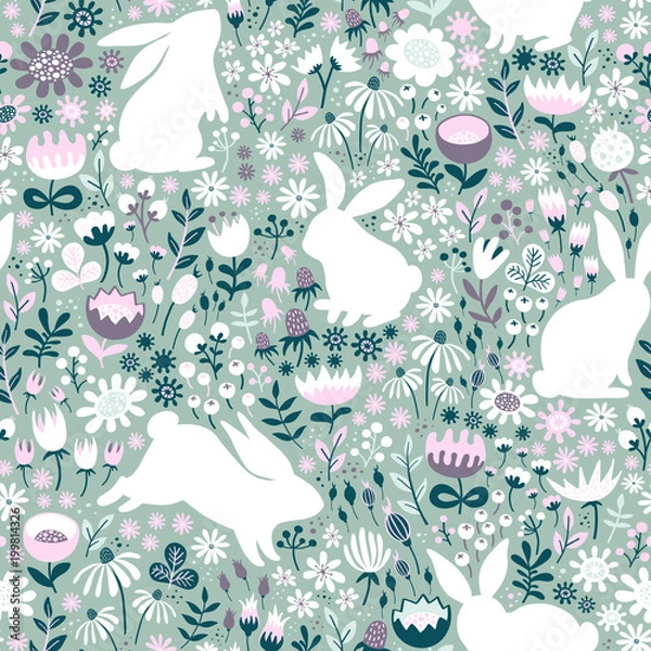 Fototapeta Seamless pattern from silhouettes of rabbits and wildflowers