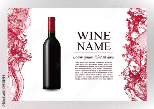 Fototapeta Strona magazynu reklamowego, broszura prezentująca wino. Ilustracja ciemnej butelki czerwonego wina w fotorealistycznym stylu. Realistyczny obiekt na stylowym tle z plamami wina i tekstu. Wektor