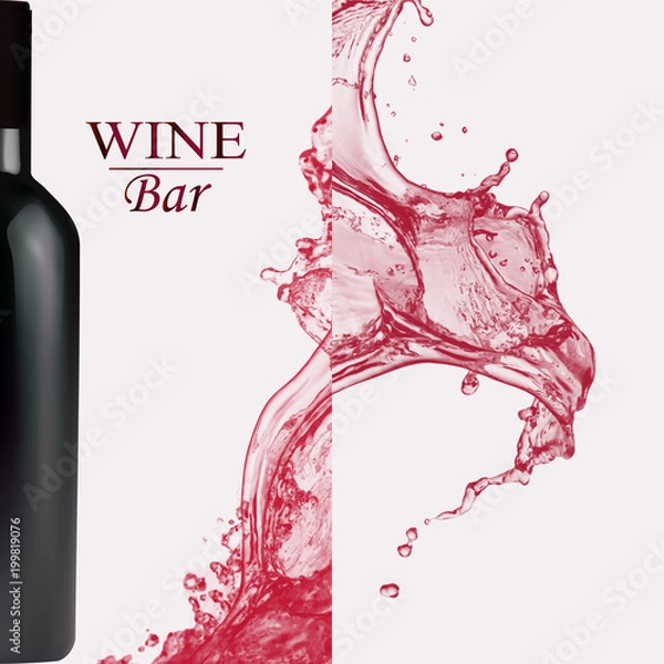 Fototapeta Advertising wine bar page,wine presentation brochure. Illustration of a dark bottle of red wine in photorealistic style. A realistic object on stylish background with splashes of wine and text .Vector