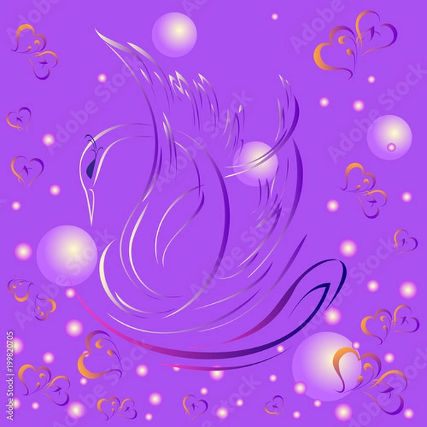 Fototapeta swan 15. graceful swan on the water on a lilac background with hearts