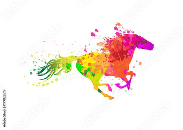 Obraz Runnign horse with grunge paint splashes.