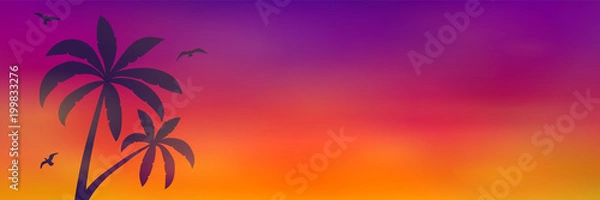 Fototapeta Summer banner with palms, colourful sky and copyspace. Vector.