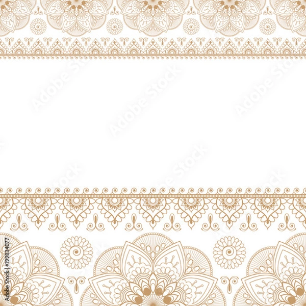 Fototapeta Indian Mehndi Henna Beige Brown line lace element with circles pattern card for tattoo on white background