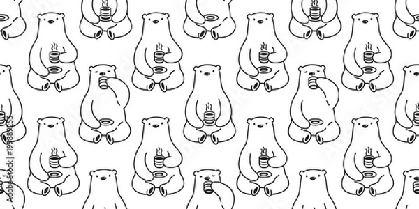 Fototapeta bear Seamless pattern vector polar bear coffee tea isolated repeat wallpaper background white