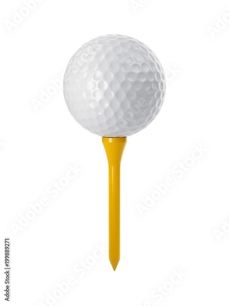 Obraz 3D rendering golf ball on yellow tee isolated on white