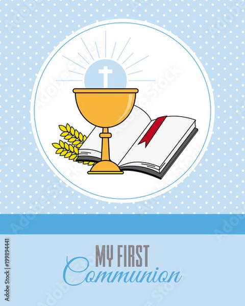 Obraz Card my first communion invitation. chalice with bible and dove of peace