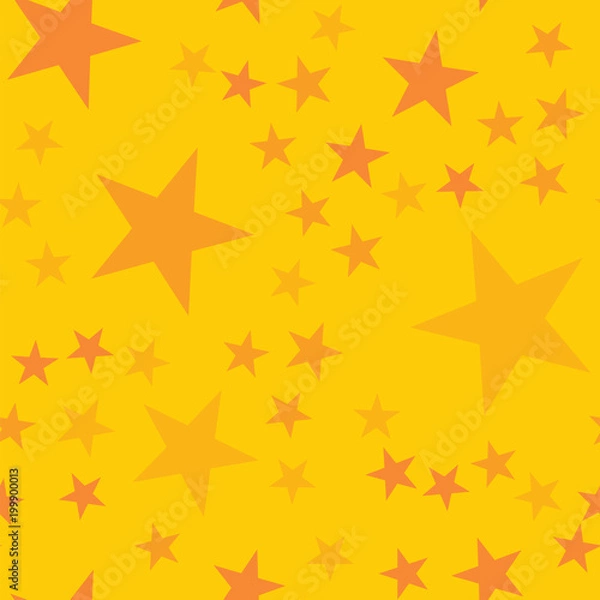 Fototapeta Orange stars seamless pattern on yellow background. Sightly endless random scattered orange stars festive pattern. Modern creative chaotic decor. Vector abstract illustration.