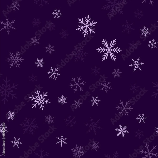 Fototapeta Violet snowflakes seamless pattern on purple Christmas background. Chaotic scattered violet snowflakes. Graceful Christmas creative pattern. Vector illustration.