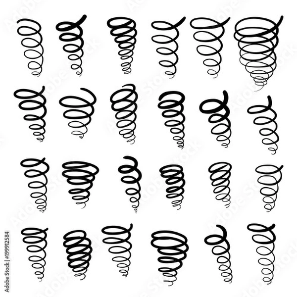 Fototapeta Hand drawn tornado line sketch set. Scribble cyclone doodle note mark design element. Pencil or pen graffiti typhoon scribble, spiral draft. Vector illustration.