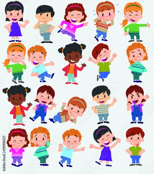 Fototapeta Cartoon character boys and girls. Set with different postures, attitudes and poses, always in positive attitude, doing different activities. Vector illustrations.