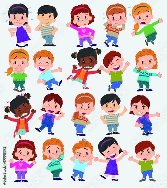 Fototapeta Cartoon character boys and girls. Set with different postures, attitudes and poses, doing different activities. Vector illustrations.