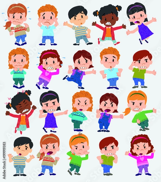 Fototapeta Cartoon character boys and girls. Set with different postures, attitudes and poses, always in negative attitude, doing different activities. Vector illustrations.