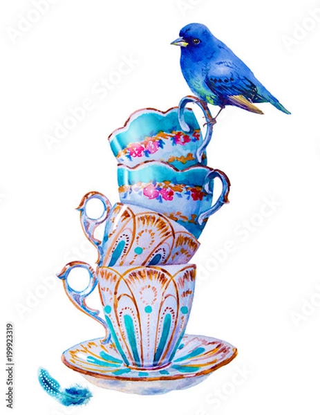Obraz Party colorful tea cups and saucers closeup. Sketch handmade. Postcard with blue bird. Watercolor illustration.