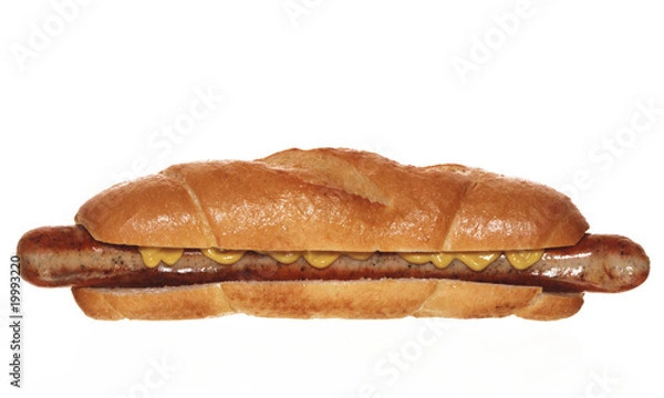 Fototapeta Bratwurst im Baguettebrötchen mit Senf