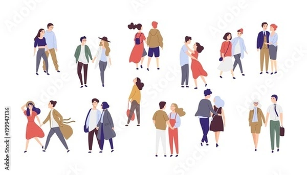 Fototapeta Standing lonely single girl surrounded by happy romantic couples walking together or pairs of men and women on date. Flat cartoon characters isolated on white background. Colorful vector illustration.