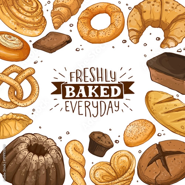 Fototapeta Freshly baked everyday lettering. Square frame composition from hand drawn bread. Vector illustration for bakery shops. Fresh bread around text banner design.