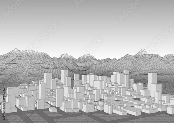 Obraz Retro style futuristic landscape with city and mountains range gray tones