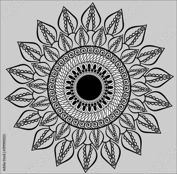 Fototapeta mandala-hand drawing-black-and-white-Hand drawn abstract mandala design. Vector oriental round pattern. Coloring book element.