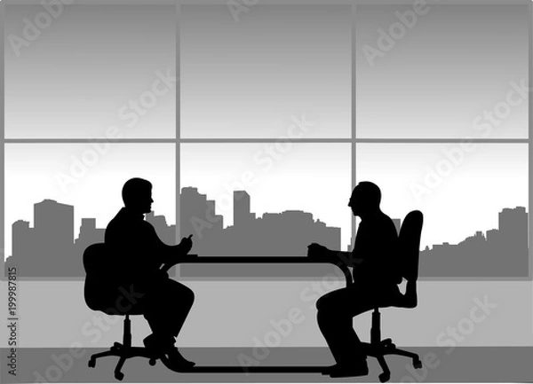 Fototapeta Job interview between the unemployed and businessman in the office, one in the series of similar images silhouette