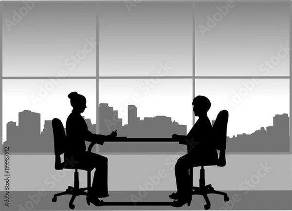 Fototapeta Job interview between the unemployed and businesswoman in the office, one in the series of similar images silhouette