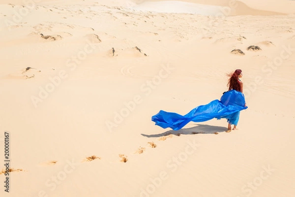 Obraz Sensual woman in blue from back on sands