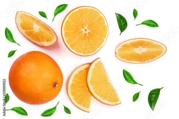 Fototapeta Orange with slice decorated with green leaves isolated on the white background. Flat lay pattern. Top view