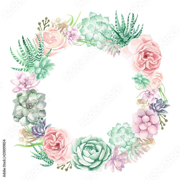 Fototapeta Watercolor Succulents & Roses Wreath