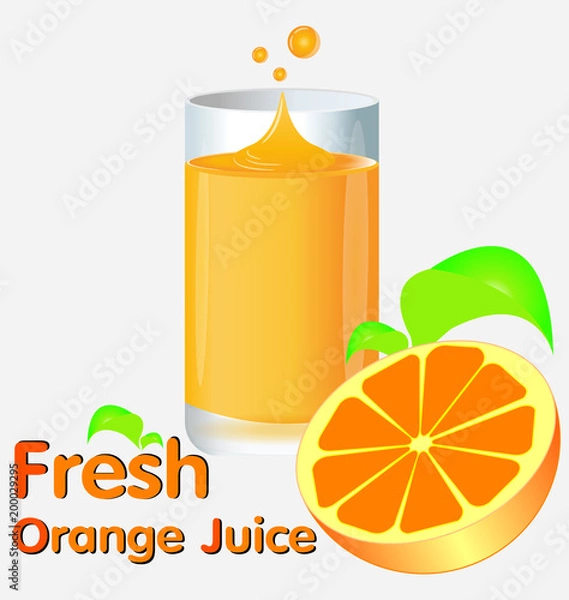 Fototapeta Natural fresh orange juice in a glass. Orange slice, Healthy organic food. Citrus fruit. Vector illustration flat design. Isolated on white background. 