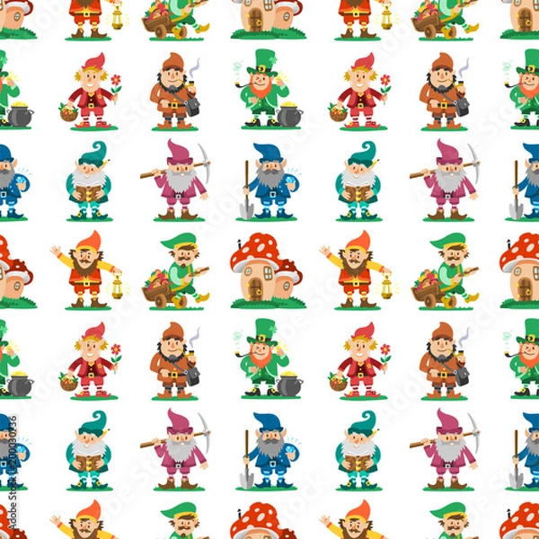 Fototapeta Fairy tale fantastic gnome seamless pattern background dwarf elf character poses magical leprechaun cute fairy tale man vector illustration