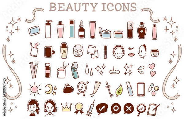 Obraz スキンケアの手描き風アイコンセット（ナチュラルカラー）